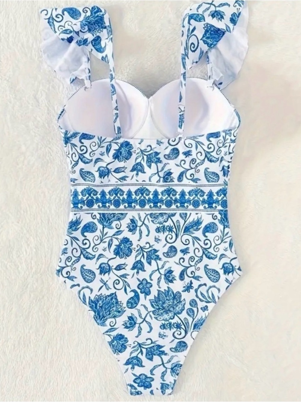 Blue Floral Print V Neck Push Up One Piece Swimsuit - Picture 6 of 8